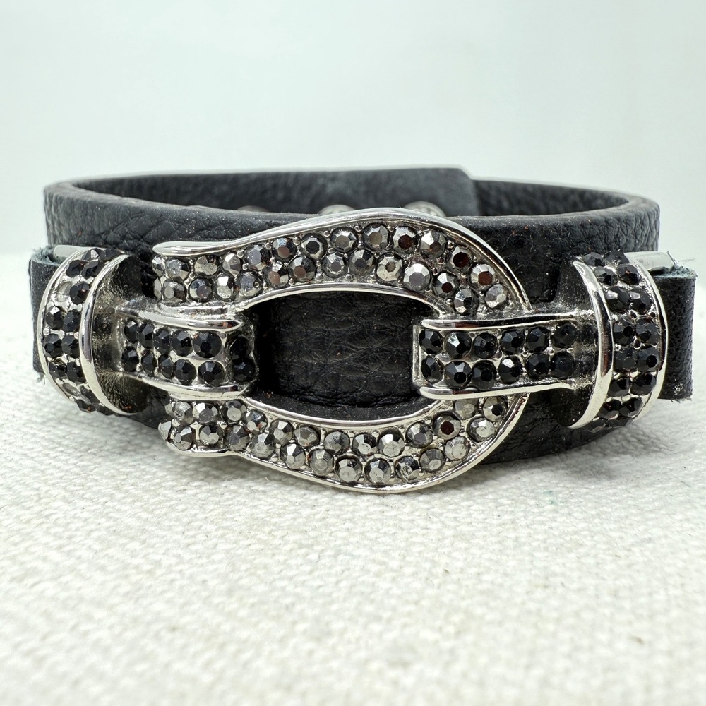 Sigal Black Leather Bracelet With Rhinestone Buckle Snap Closure